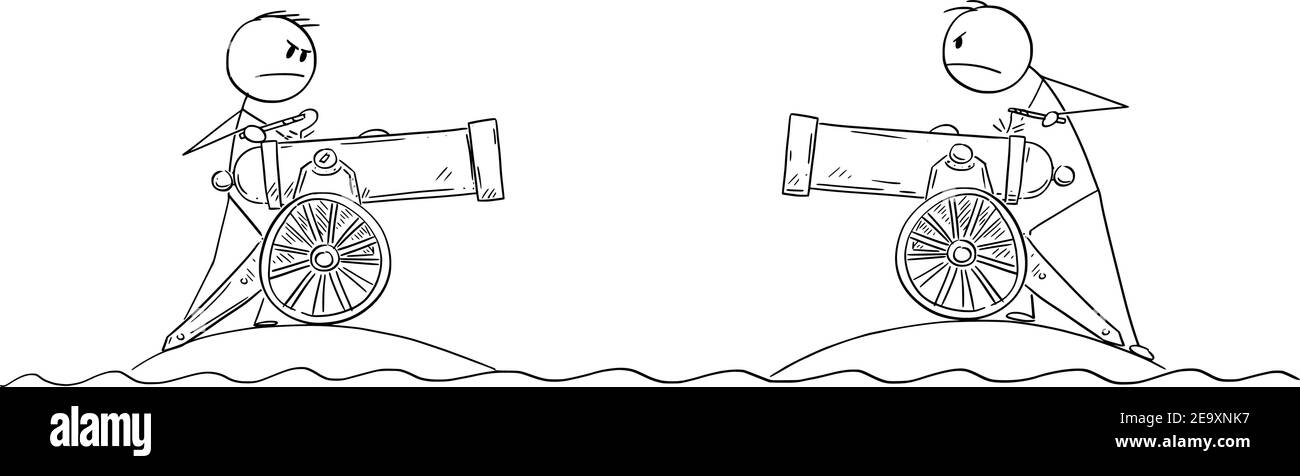 Deux hommes avec des canons d'artillerie de campagne combattant en guerre à partir d'îles séparées, dessin animé vectoriel bâton figure ou illustration de caractère. Illustration de Vecteur