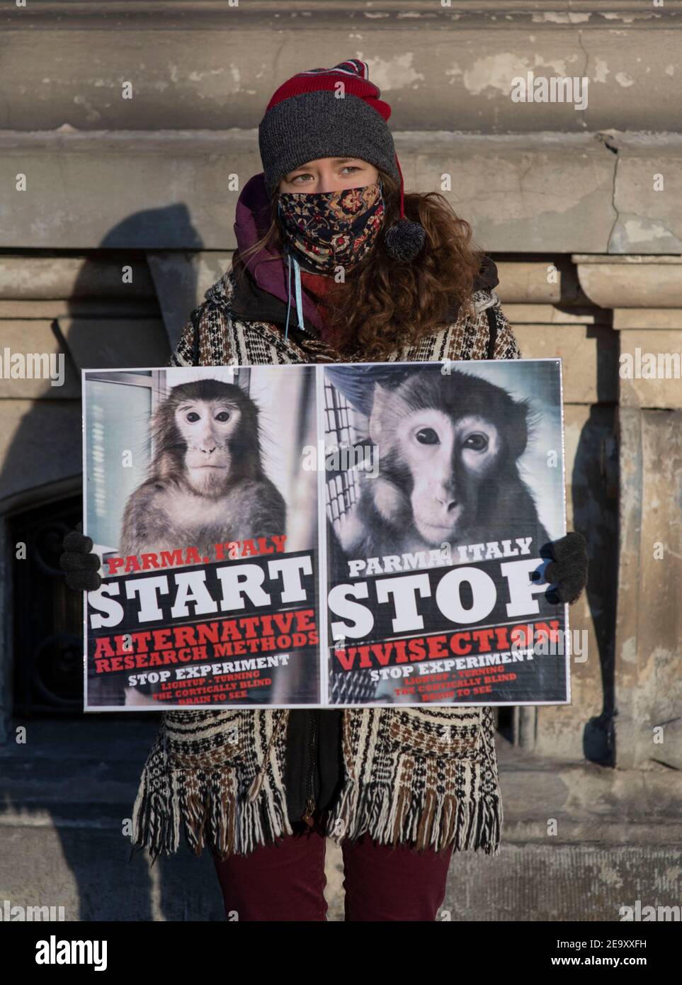 Varsovie, Varsovie, Pologne. 6 février 2021. Un manifestant tient un écriteau lors d'une manifestation contre la vivisection d'animaux le 6 février 2021 à Varsovie, en Pologne. Des membres de la rébellion animale NPO Polska se sont réunis devant l'ambassade italienne à Varsovie pour manifester leur solidarité envers les activistes des droits des animaux en Italie qui protestent contre la vivisection d'animaux à des fins scientifiques, Plus précisément l'utilisation de macaques dans le projet 'LightUp - Turning the Cortically blind Brain to See' mené par l'Université de Turin en collaboration avec l'Université de Parme. Dirigé par Research Fellow Banque D'Images