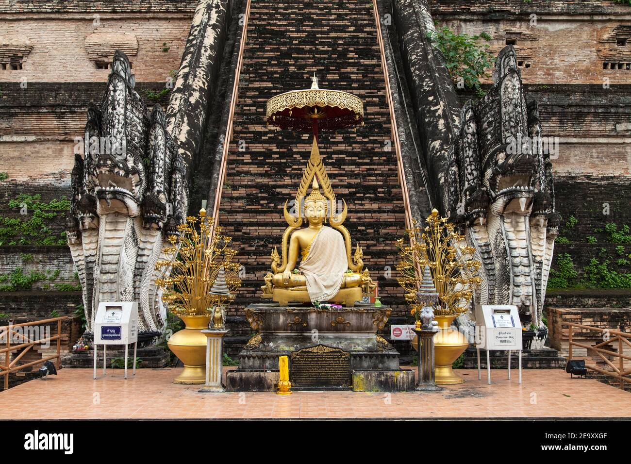 Escalier d'entrée avec statue de Bouddha à Wat Chedi Luang, Chiang Mai, Thaïlande. Banque D'Images