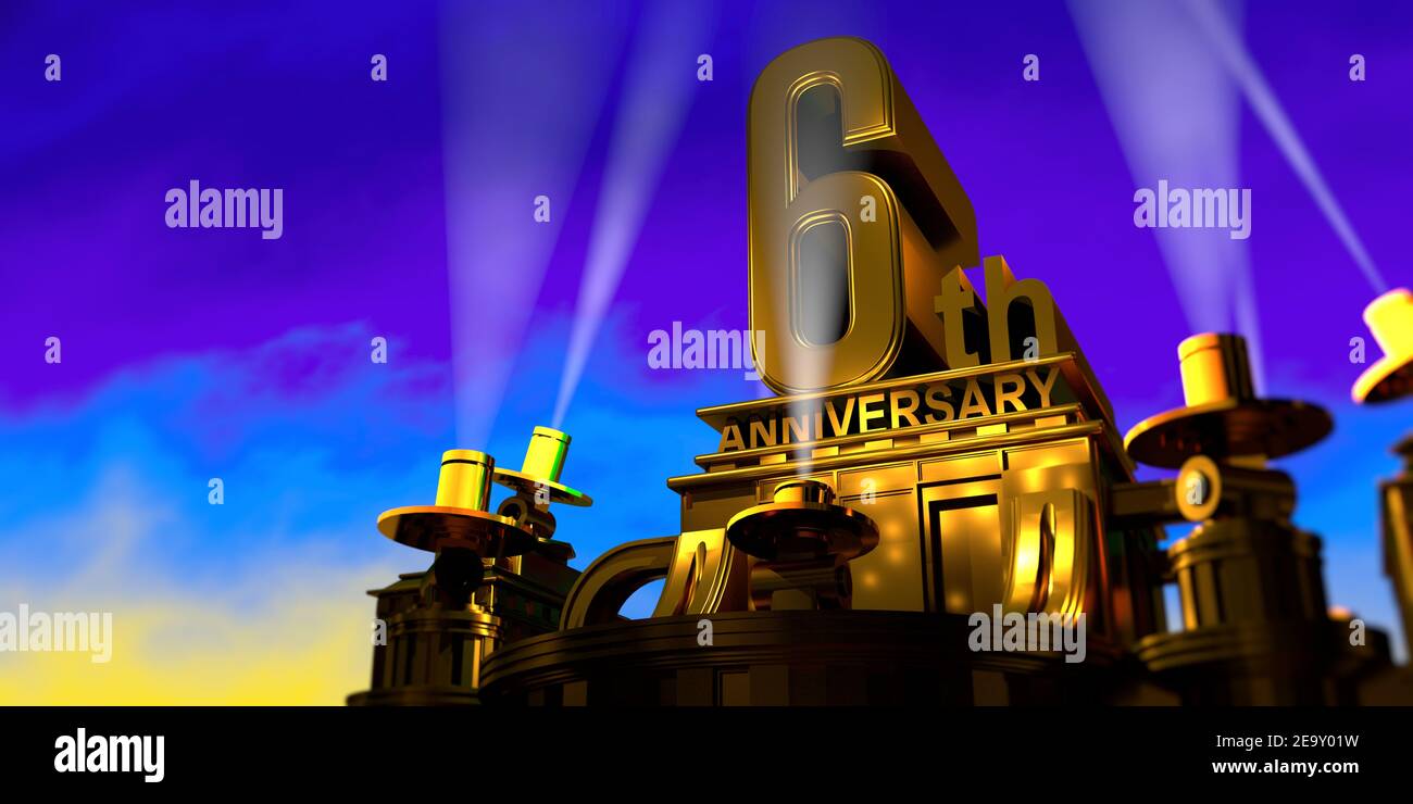 Il A Du Style En 6 Lettres 6e anniversaire en lettres épaisses sur un grand bâtiment de style ancien  doré illuminé par 6 projecteurs avec lumière blanche sur un ciel bleu au  coucher du soleil. Il. 3D Photo Stock -