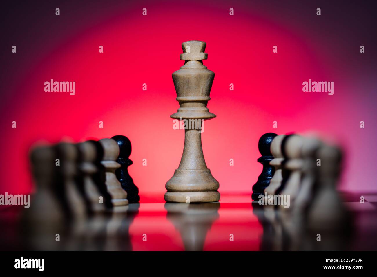 Chess White King sur chessboard avec un fond de dégradé rouge Entouré de pions blancs et noirs - mise au point unique le roi Banque D'Images