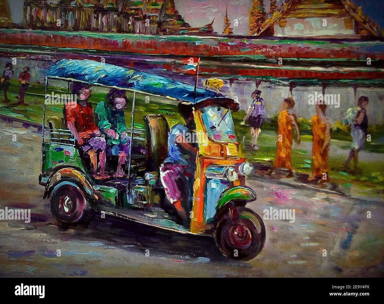 Art, peinture, huile, couleur, tuk tuk car Temple, thaïlande , taxi , Bouddha d'émeraude , Wat phra keaw Banque D'Images