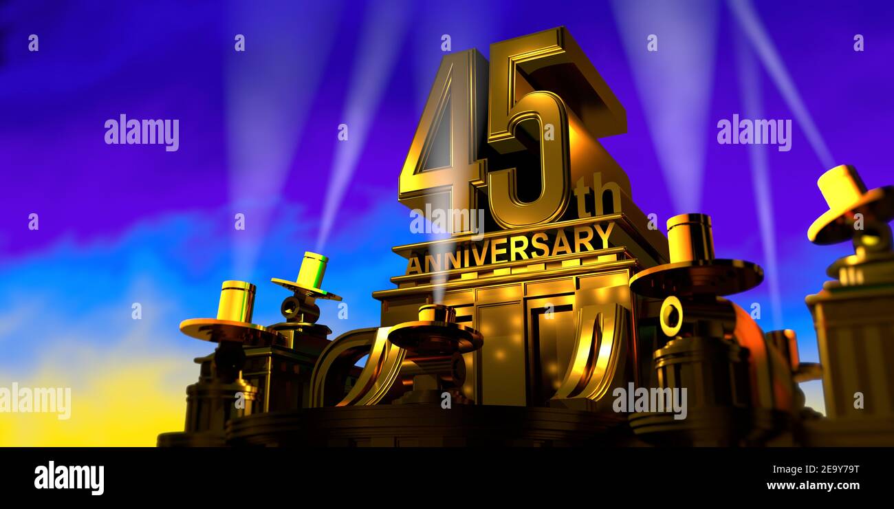 45e anniversaire en lettres épaisses sur un grand bâtiment de style ancien doré illuminé par 6 projecteurs avec lumière blanche sur un ciel bleu au coucher du soleil. 3D I Banque D'Images
