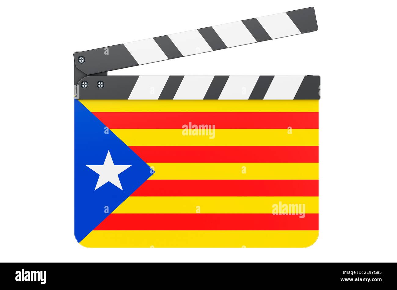 Clapperboard de film avec drapeau catalan, concept de l'industrie cinématographique. Rendu 3D isolé sur fond blanc Banque D'Images