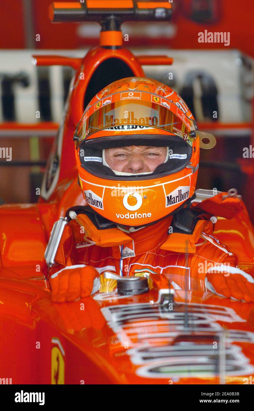 Michael Schumacher, pilote allemand de Formule 1 (écurie Ferrari), lors de la session d'entraînement du Grand Prix malaisien de Formule 1 sur le circuit de Sepang, en Malaisie, le 18 mars 2005. Photo de Thierry Gromik/ABACA. Banque D'Images