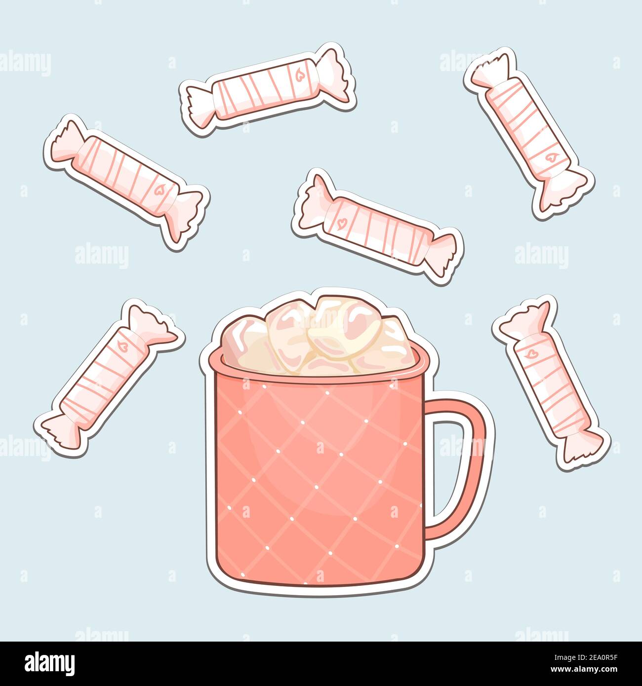 Cadre vectoriel blanc bonbons plats isolés avec coeurs, tasse à motifs roses de café chaud ou chocolat et guimauves de dessins animés sur fond bleu pour Illustration de Vecteur