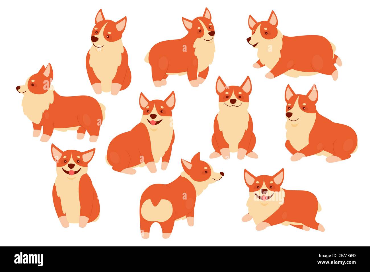 Jeu d'illustrations vectorielles pour animaux de compagnie Happy Corgi. Dessins animés personnages chiots mignons dans différentes poses collection, kawaii corgi doggy assis, sympathique chien debout avec sourire museau isolé sur blanc Illustration de Vecteur