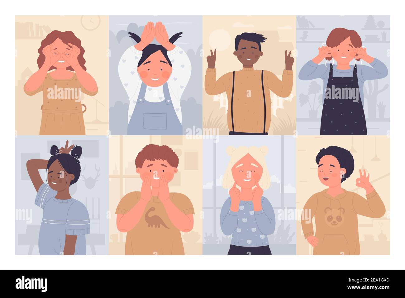 Jeu d'illustrations vectorielles amusant pour enfants. Caricature joyeux garçon fille enfants personnages souriant, montrant des gestes, des personnes positives touchant le visage ou pointant, des portraits créatifs collection d'arrière-plan Illustration de Vecteur