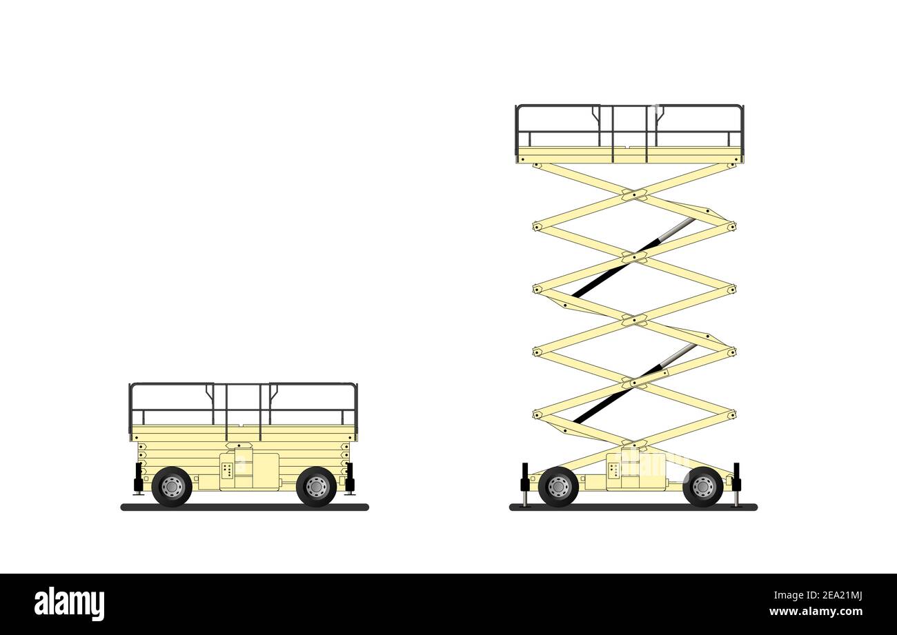 Ensemble de plateforme de levage de ciseaux isolée sur fond blanc. Relevage hydraulique. Illustration vectorielle plate. Illustration de Vecteur