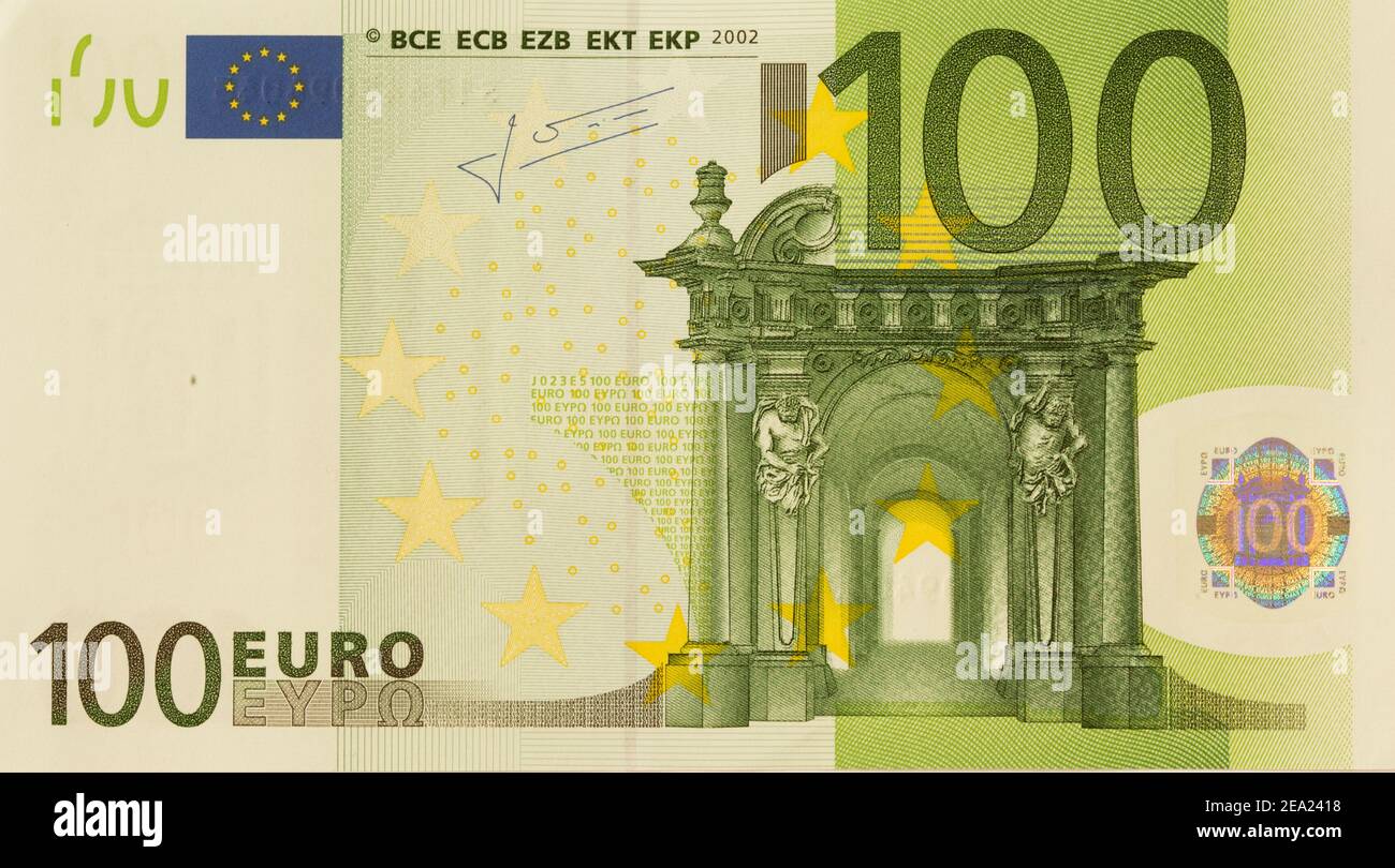 100 billets en euros isolés. Photo macro Banque D'Images