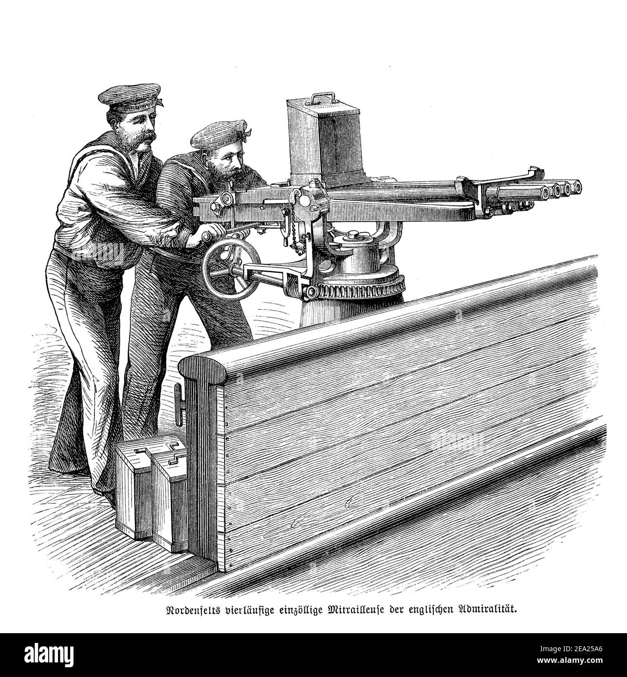 Des marins utilisant un fusil de calibre Nordenfelt à 4 barques d'un militaire navire Banque D'Images