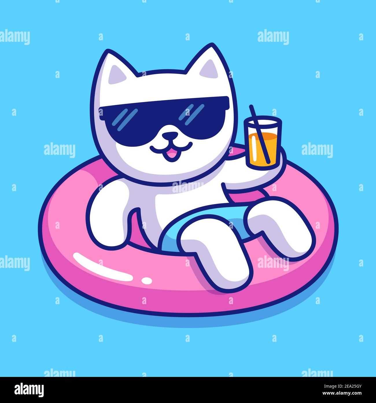 Drôle de chat de dessin animé dans des lunettes de soleil sur la piscine  flotteur tenant verre de boisson. Un adorable chat en fête au bord de la  piscine l'été. Illustration de