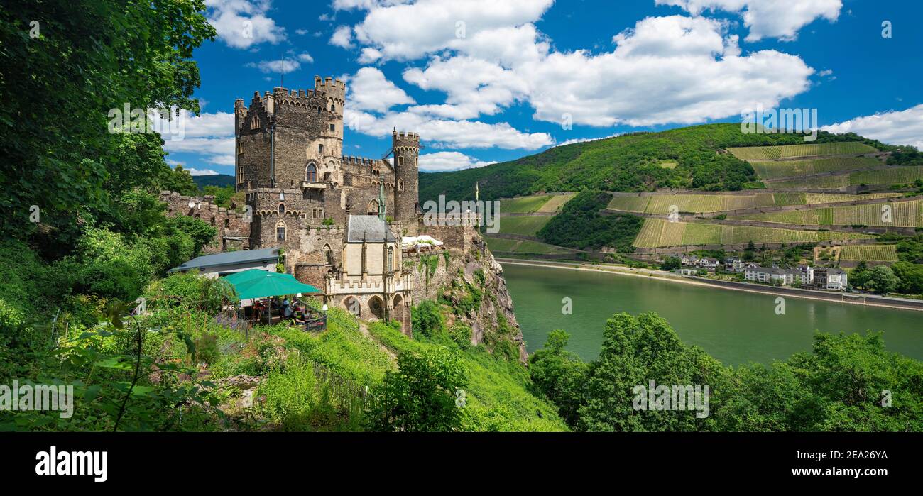 Château de Rheinstein sur le Rhin, site du patrimoine mondial de la vallée du Haut-Rhin moyen, Trechtingshausen, Rhénanie-Palatinat, Allemagne Banque D'Images