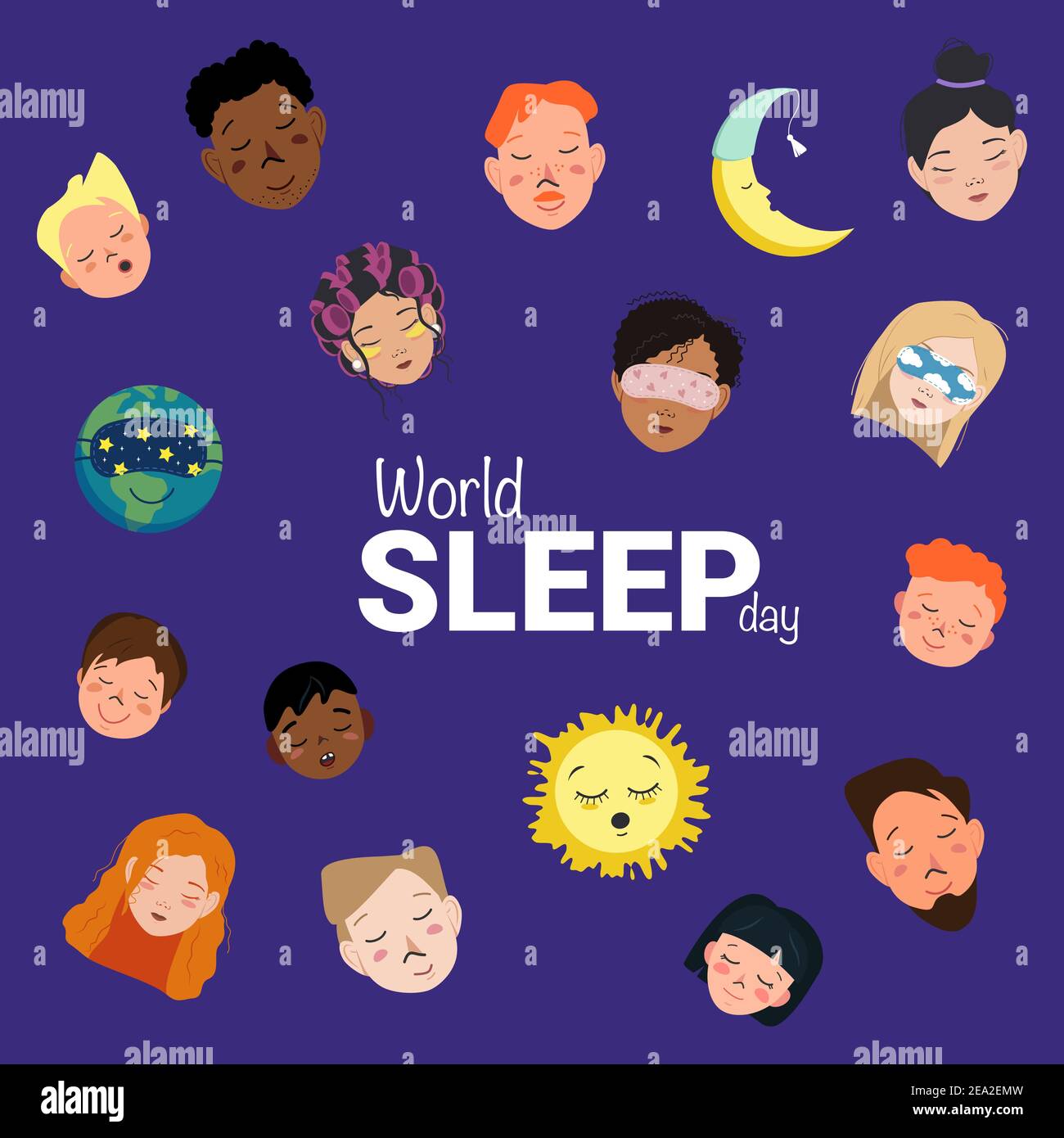 Affiche lumineuse pour la Journée mondiale du sommeil avec planète endormie, soleil, lune et têtes d'hommes, de femmes et d'enfants Illustration de Vecteur