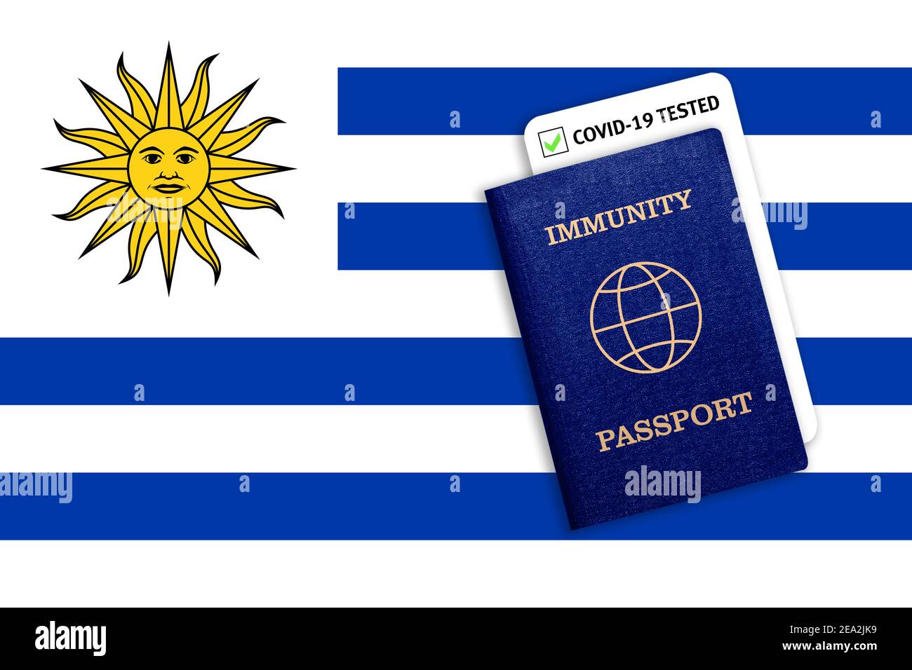 Concept d'immunité passeport, certificat de voyage pour les personnes qui avaient un coronavirus ou qui ont fait le vaccin et résultat du test pour COVID-19 sur le pavillon de l'Uruguay Banque D'Images