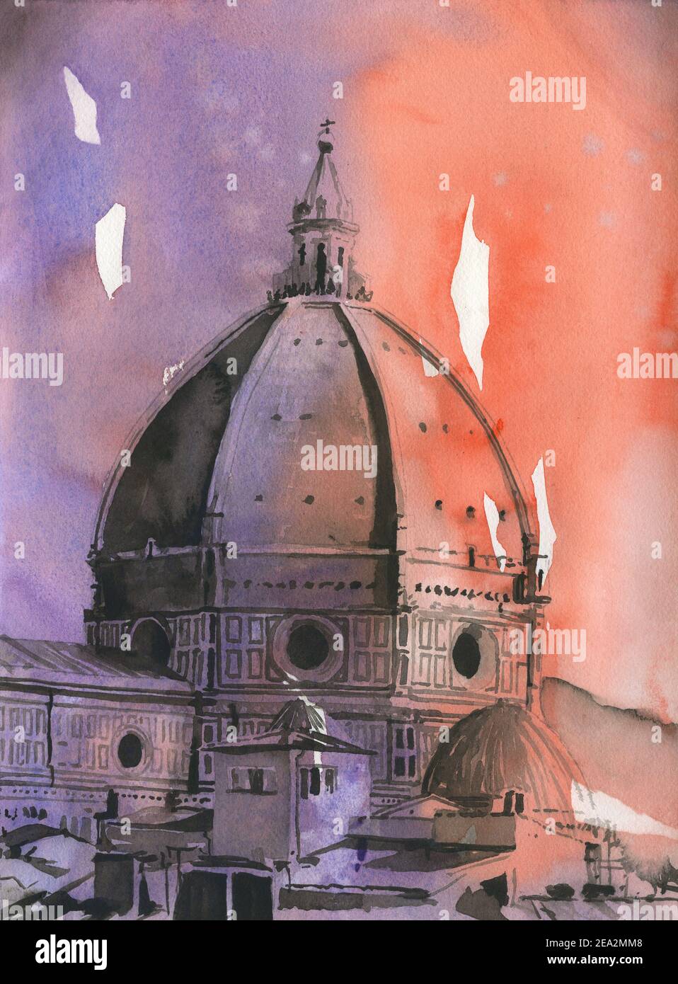 Le dôme de Brunelleschi sur le Duomo de Florence - Italie. Peinture aquarelle Florence Duomo Banque D'Images