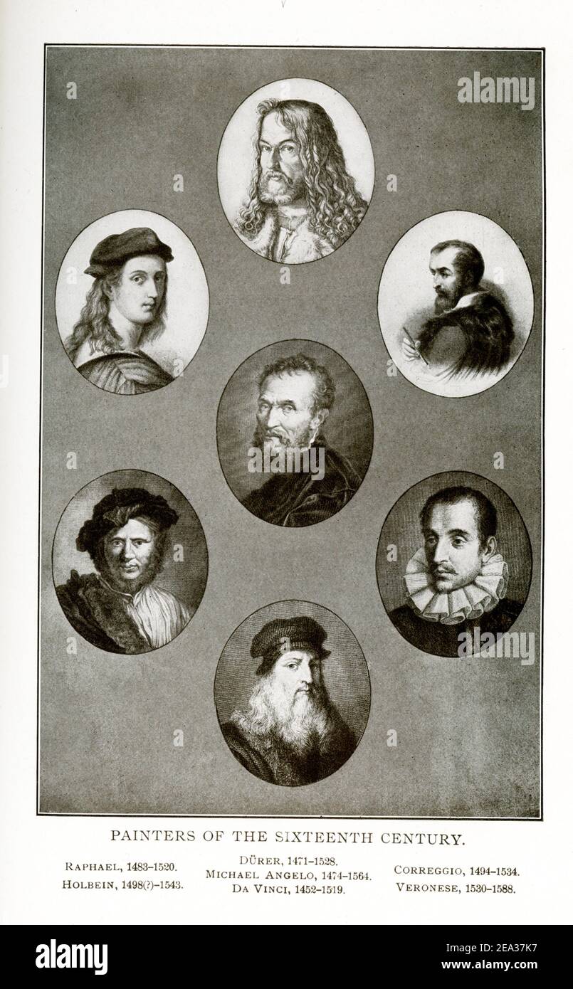Peintres du seizième siècle. Cette illustration de 1917 montre les artistes suivants, de gauche à droite, de haut en bas: Durer (1471-1528); Raphaël (1433-1520); Correggio (1494-1534); Michel-Ange (1474-1564); Holbein (1498?-1543); Veronese (1530-1588); et Leonard Da Vinci (1452-1519). Banque D'Images
