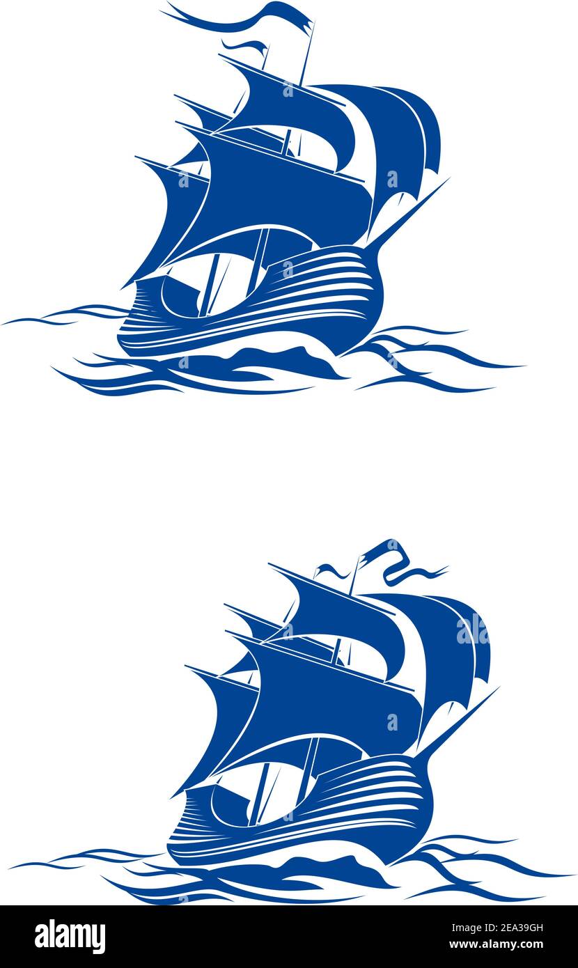 Navire à voiles dans l'eau de mer pour le voyage ou un autre dessin Illustration de Vecteur