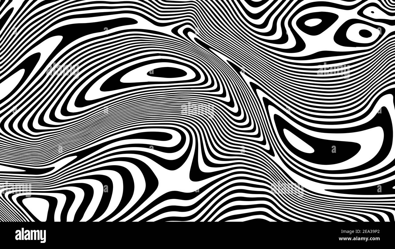 Motif vectoriel monochrome, lignes courbes, arrière-plan rayé noir et blanc. Texture ondulée dynamique abstraite, effet visuel 3D Illustration de Vecteur