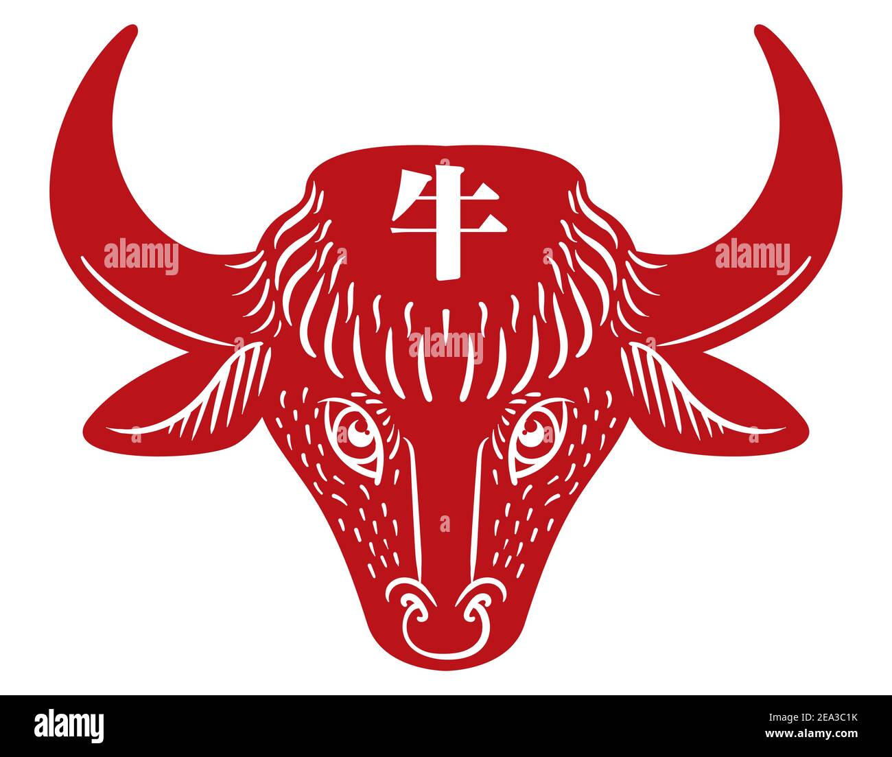 Tête de boeuf rouge de Zodiac chinois avec son symbole kanji dans le front, isolé sur fond blanc. Illustration de Vecteur