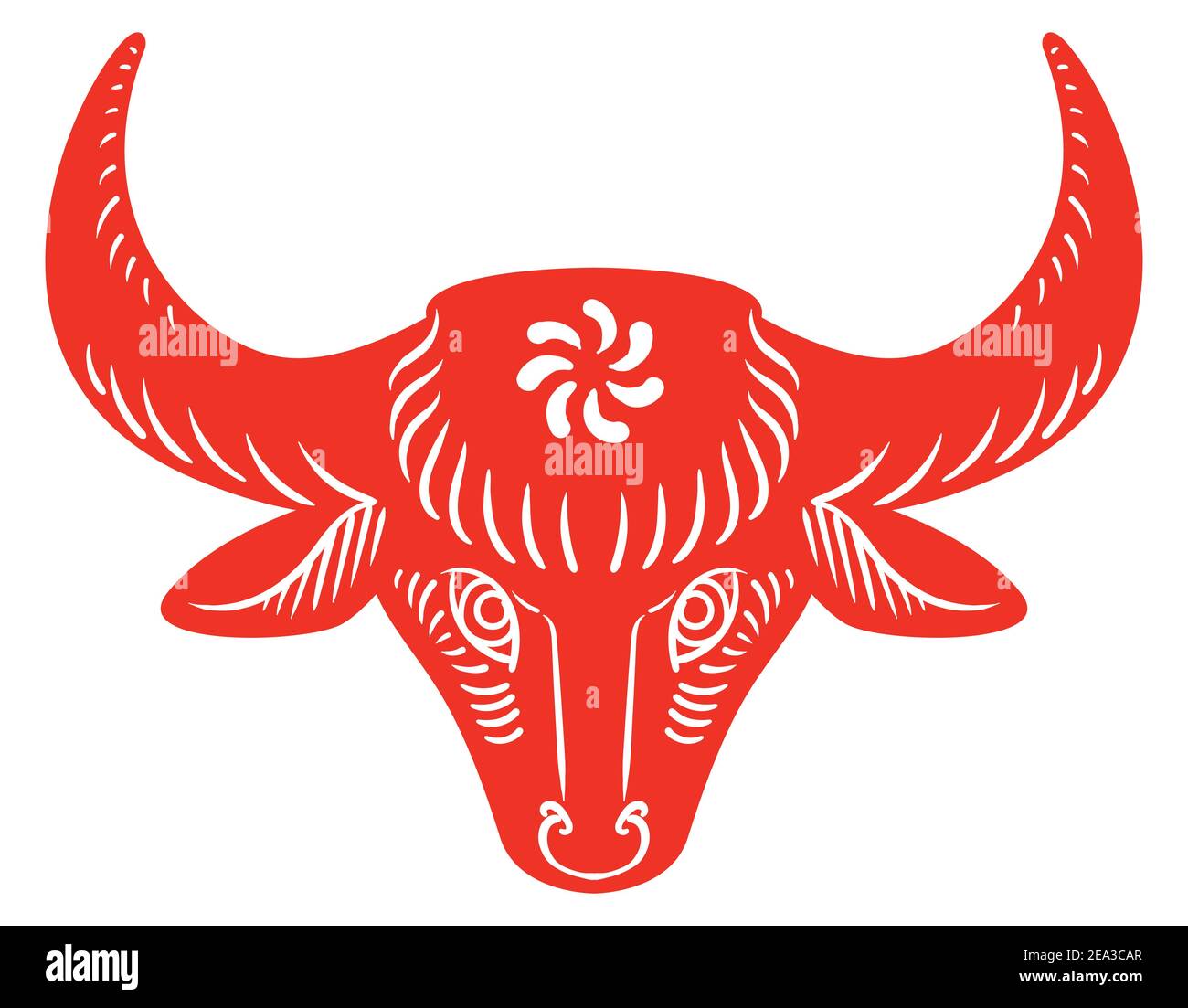 Tête de boeuf représentant cet animal de Zodiac chinois en lignes, rouge et blanc, isolé sur fond blanc. Illustration de Vecteur