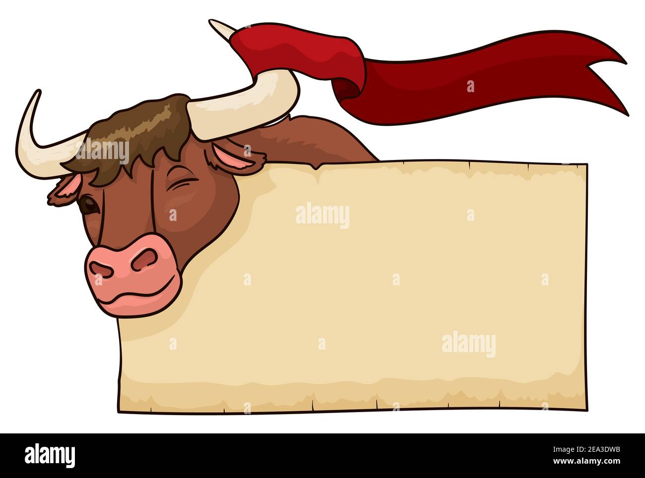 Modèle avec ox wenking à vous avec ruban rouge emmêlé dans son corne et vide de défilement, isolé sur fond blanc. Illustration de Vecteur