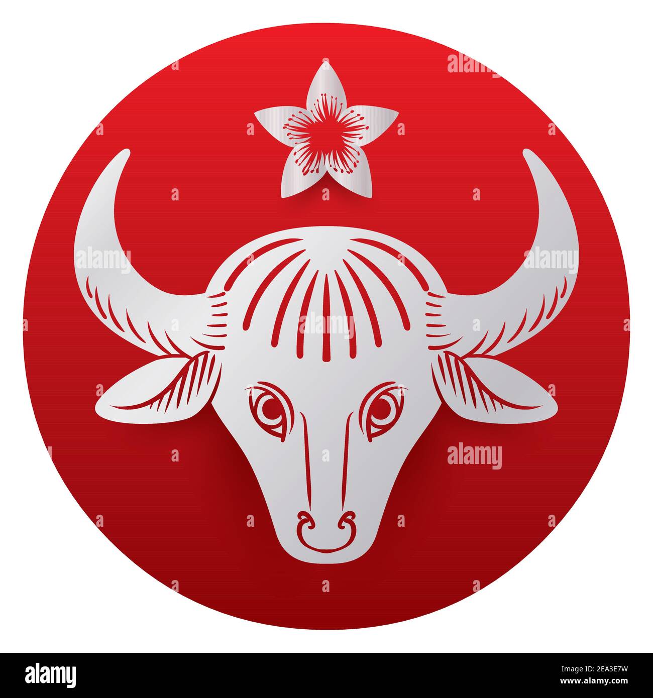 Bouton rond rouge décoré de fleur de pêche et tête de boeuf du zodiaque chinois dans le style et les lignes de silhouette, isolé sur fond blanc. Illustration de Vecteur