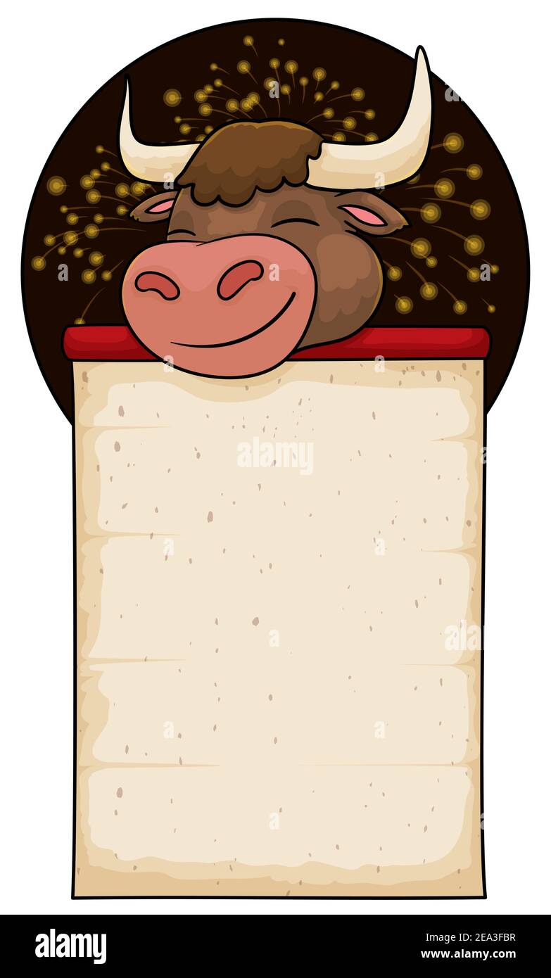 Modèle avec tête de boeuf souriant sur le rouleau suspendu vide, bouton rond et feu d'artifice, isolé sur fond blanc. Illustration de Vecteur