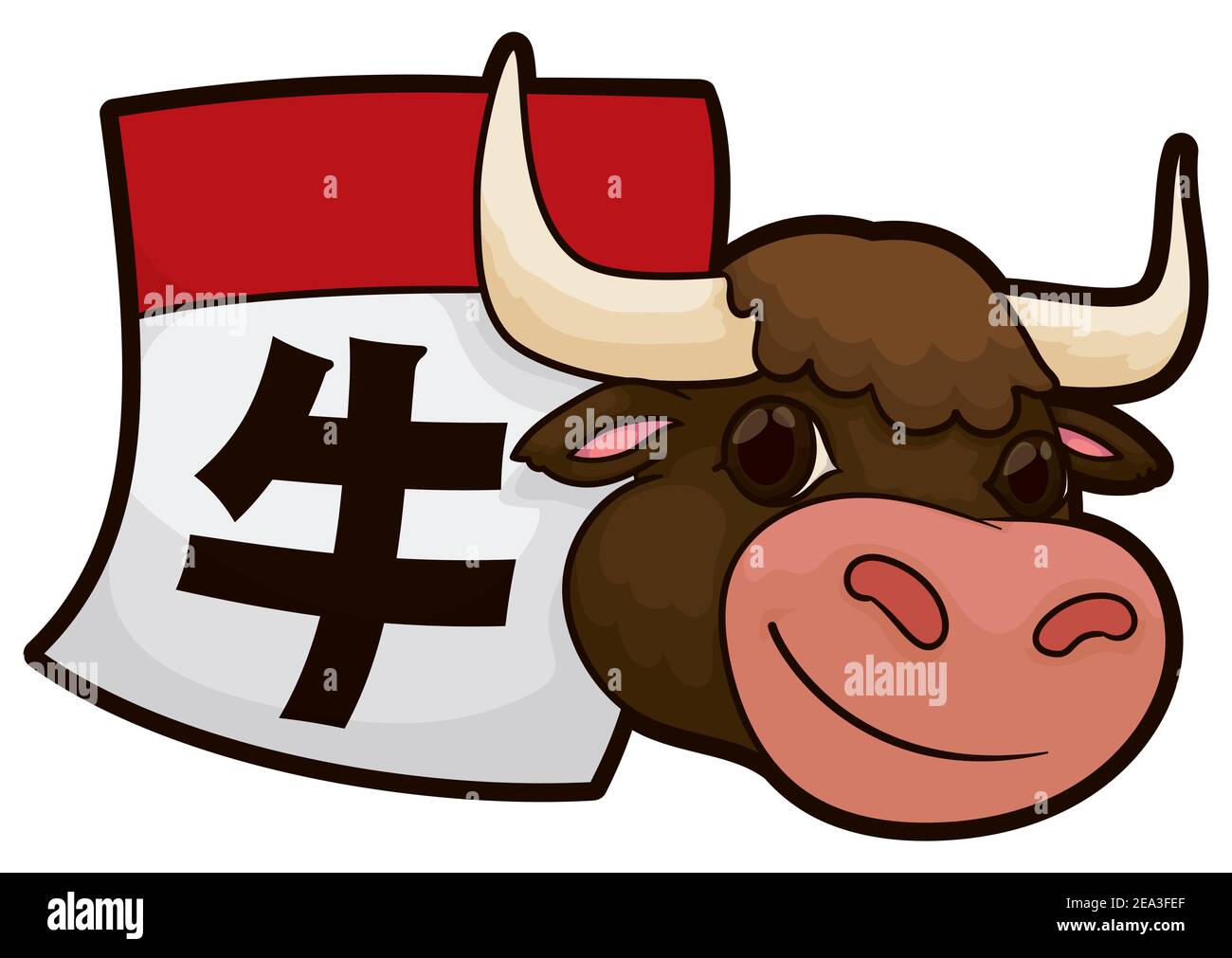 Calendrier à feuilles volantes avec kanji chinois -signifiant 'ox'- et tête de bullock sympathique, pour commémorer le nouvel an chinois avec cet animal zodiac. Illustration de Vecteur