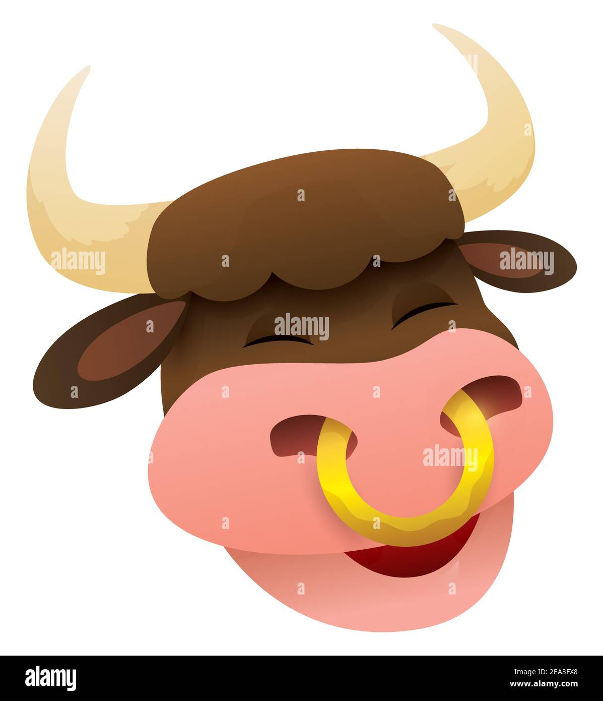 Tête de bœuf souriante avec anneau de nez, cheveux bruns et gros cornes, isolée sur fond blanc. Illustration de Vecteur