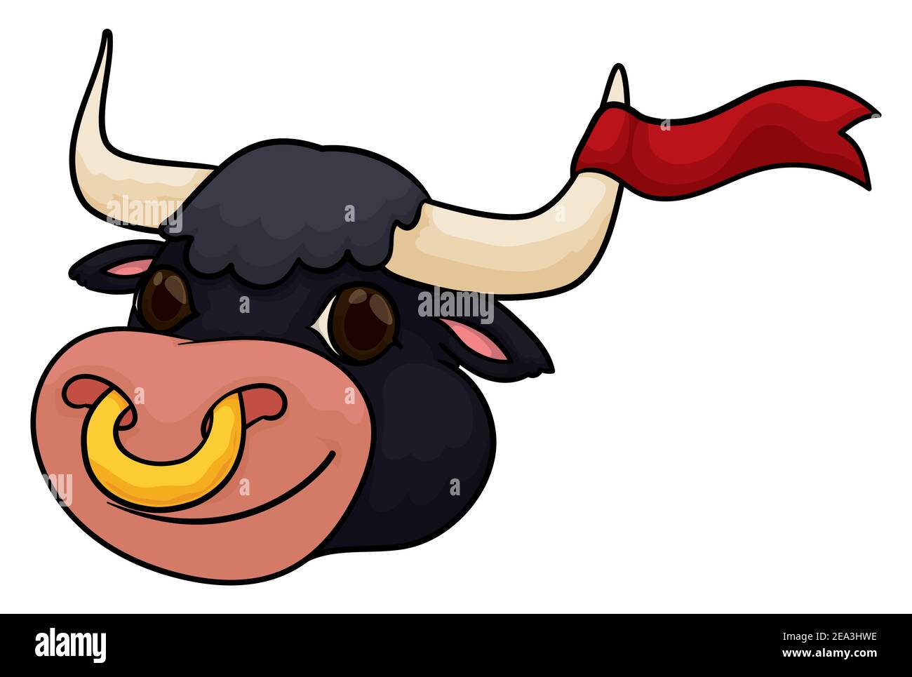 Tête de bœuf noire heureuse avec anneau de nez doré et ruban rouge emmêlé dans sa corne, isolé sur fond blanc. Illustration de Vecteur