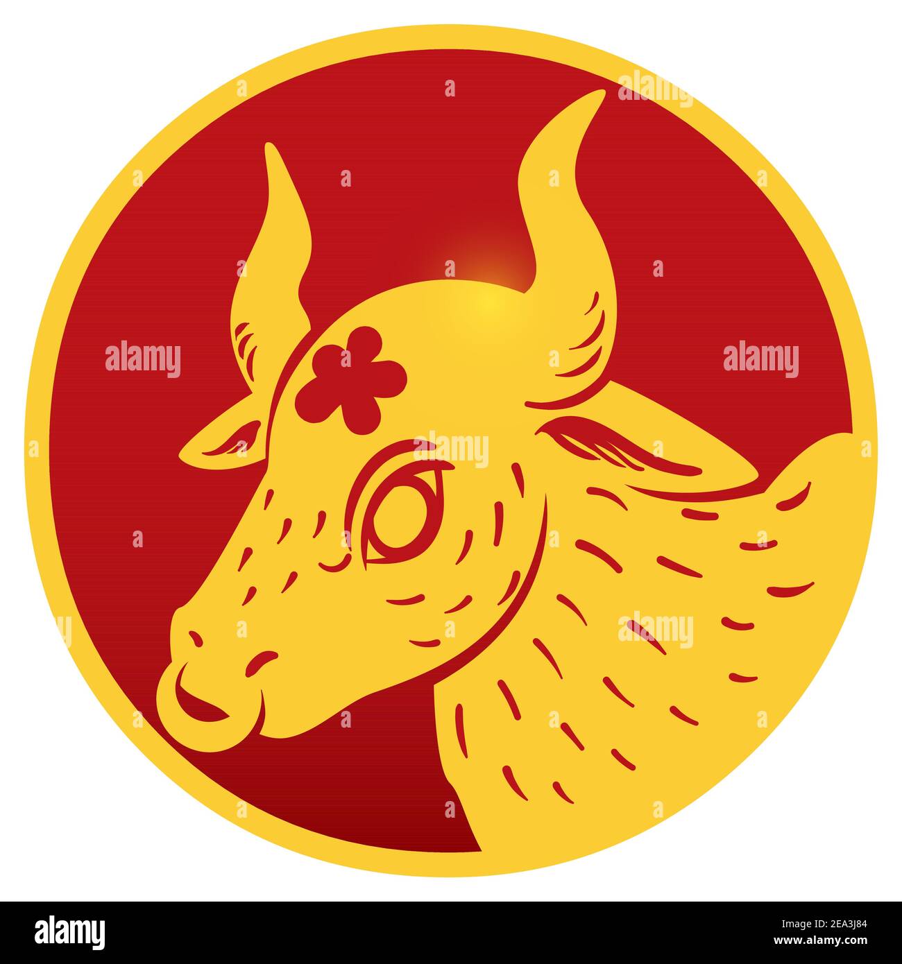 Dessin de bœuf de style chinois avec fleur et anneau de nez sur bouton rond en rouge et jaune, isolé sur fond blanc. Illustration de Vecteur