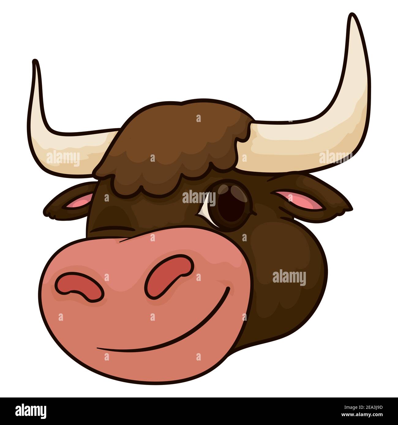 Happy ox tête wencrissement à vous avec un look amical et le pelage brun dans le style de dessin animé, isolé sur fond blanc. Illustration de Vecteur
