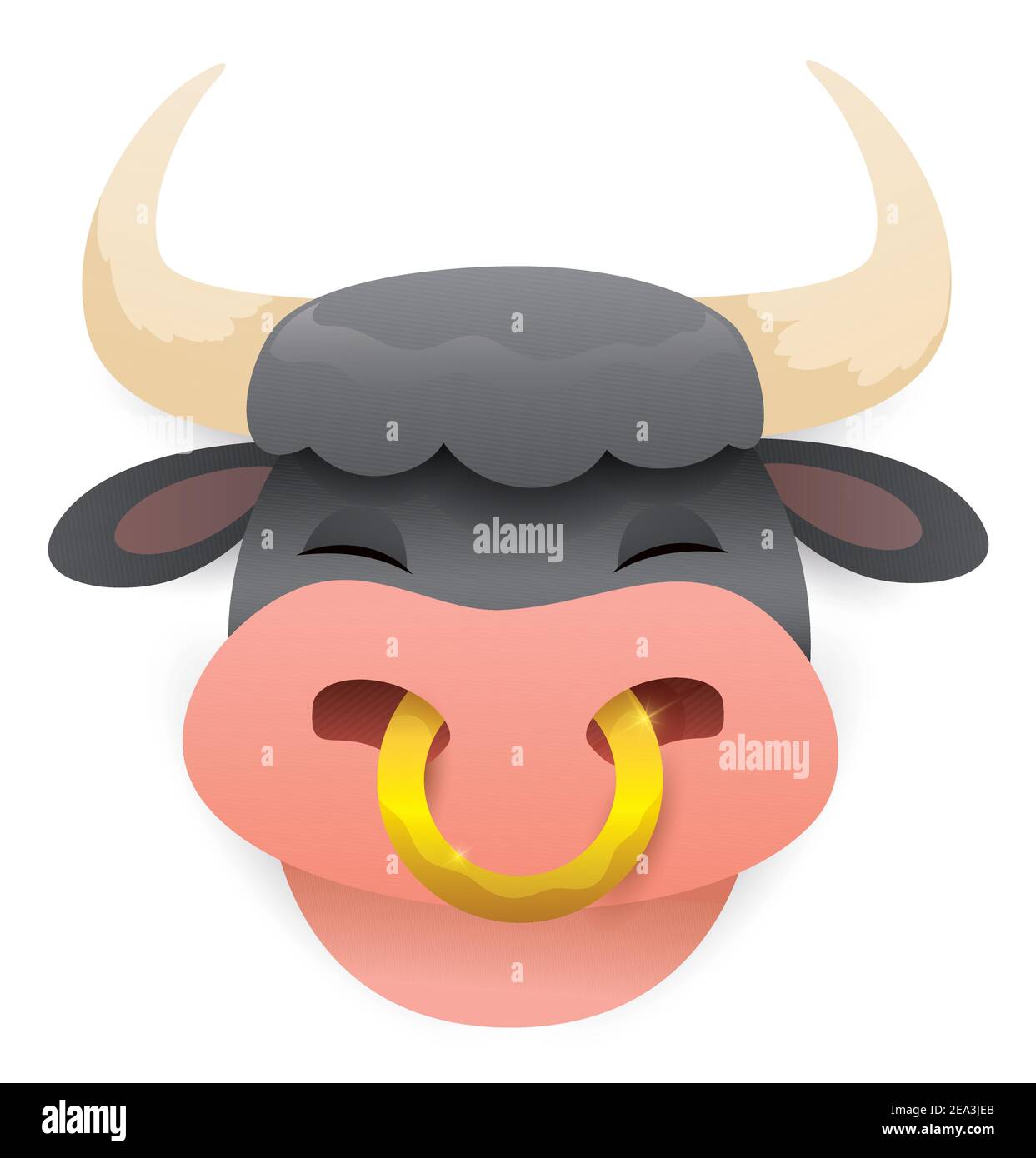 Tête de bœuf souriante avec cheveux gris et anneau de nez doré, isolée sur fond blanc. Illustration de Vecteur