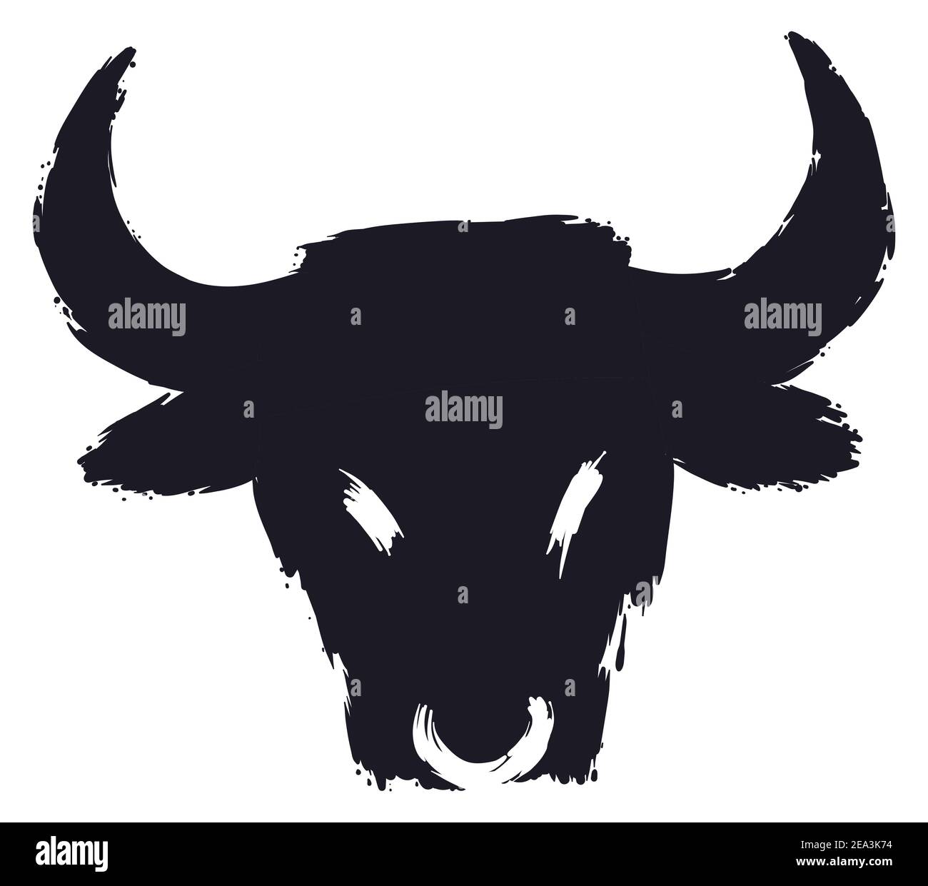 Tête de bœuf ou de taureau avec anneau de nez en coups de pinceau noirs, isolée sur fond blanc. Illustration de Vecteur