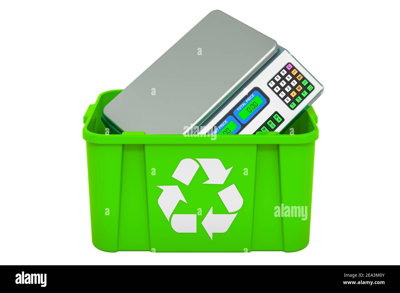 Corbeille de trashcan avec échelle de calcul de prix, rendu 3D isolé sur fond blanc Banque D'Images