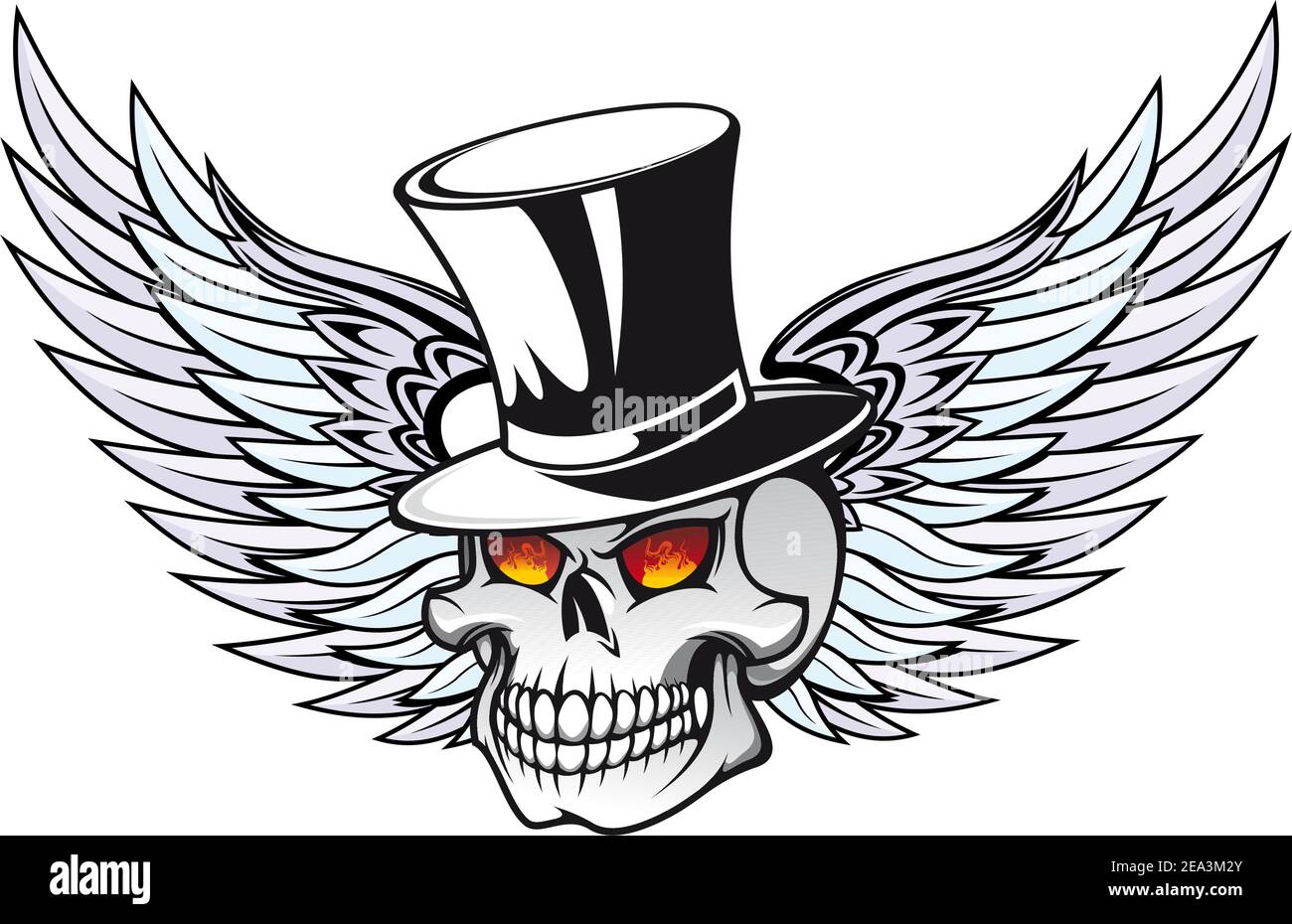 Crâne avec les ailes en chapeau noir pour la conception de tatouage Illustration de Vecteur