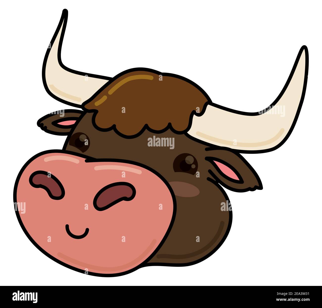 Jolie tête de bœuf plate et contours, isolée sur fond blanc. Illustration de Vecteur