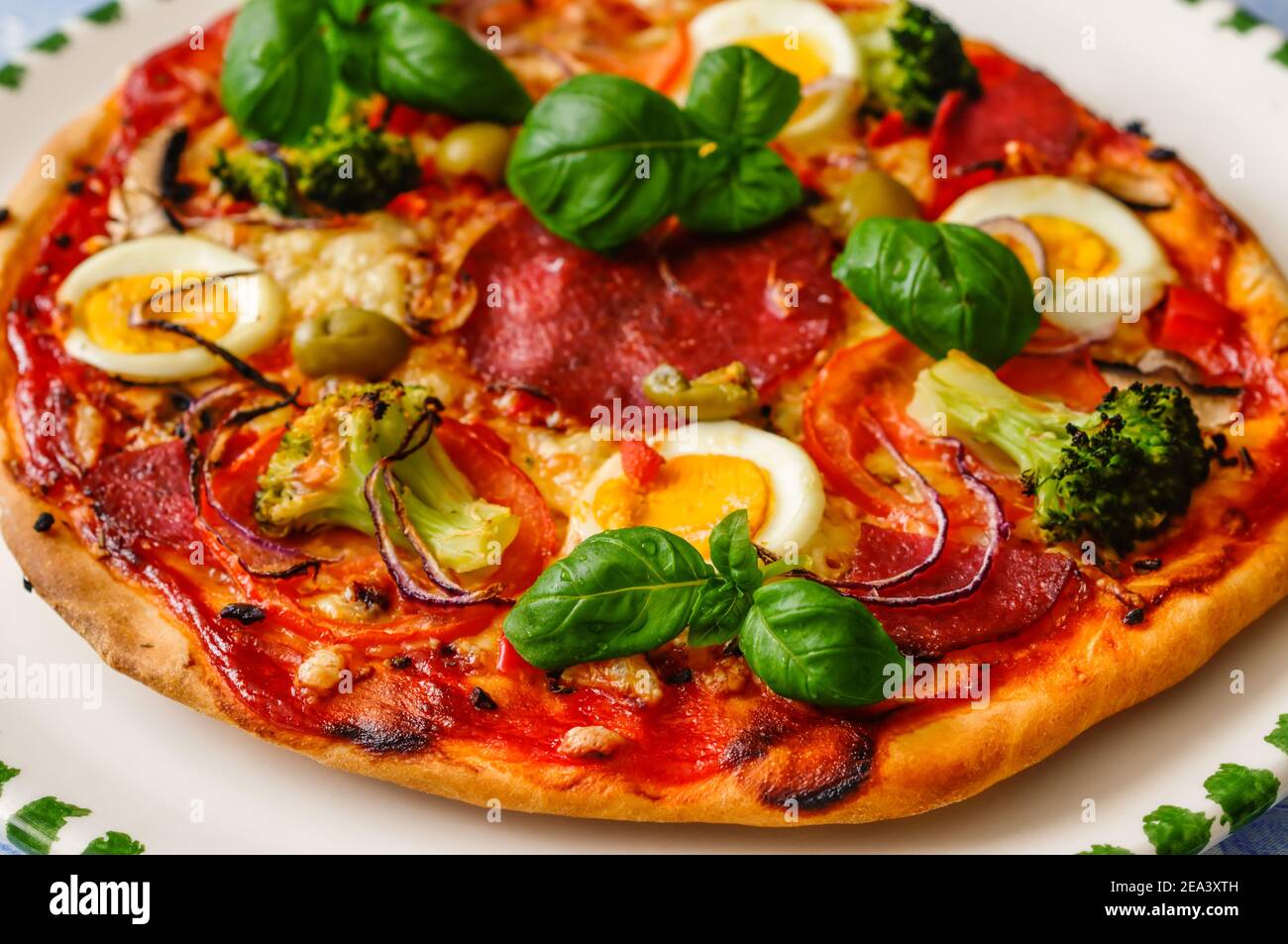 Pizza maison avec salami, fromage, œuf et légumes, garnie de basilic Banque D'Images