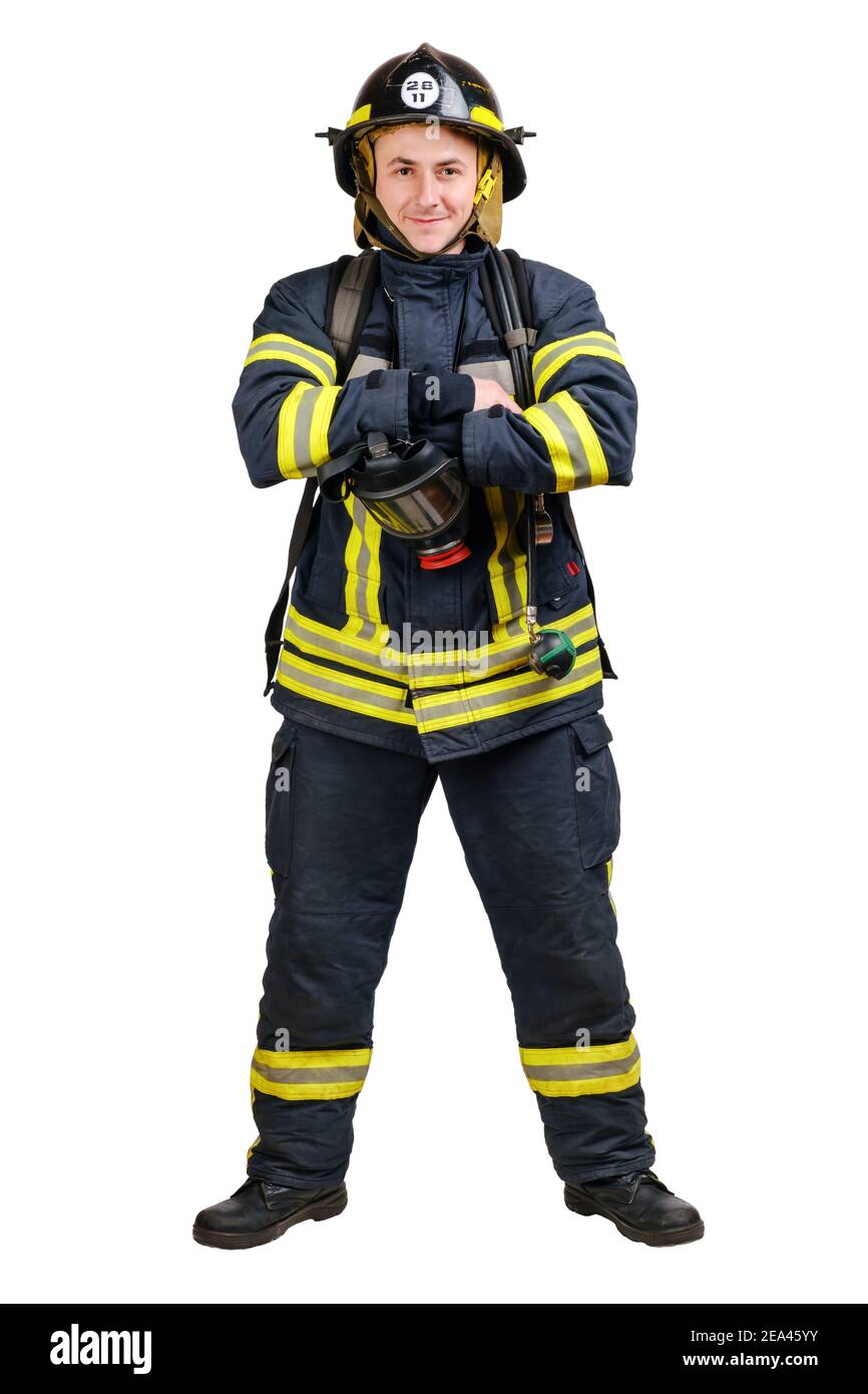 Jeune pompier avec un masque et un réservoir d'air son dos Banque D'Images