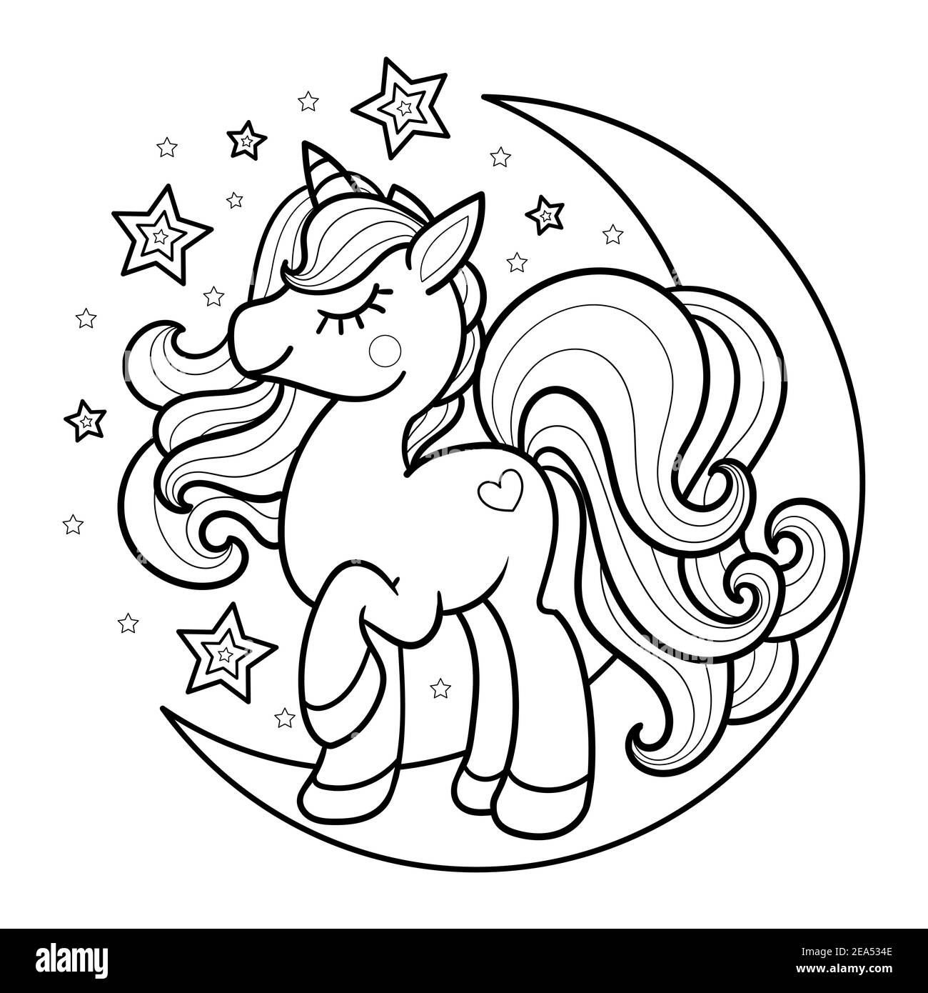 Dessin animé unicorn sur la lune. Image en noir et blanc à colorier. Image vectorielle. Illustration de Vecteur