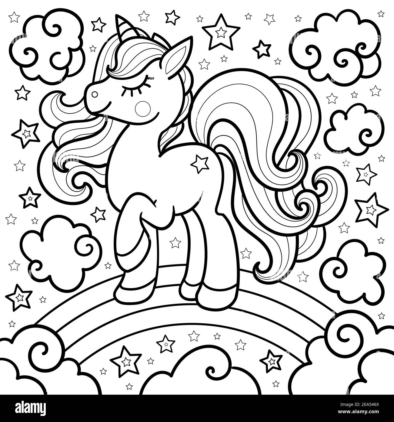 Dessin animé unicorn sur un arc-en-ciel. Style Doodle. Pour colorier. Vecteur Illustration de Vecteur