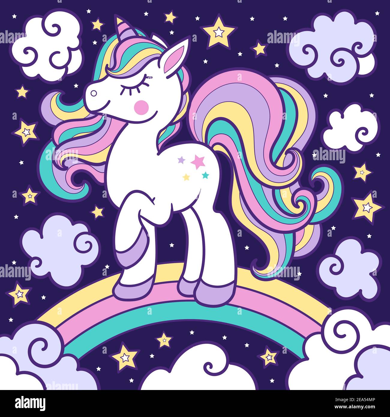 licorne blanche avec une manie arc-en-ciel sur fond sombre. Image de bébé. Vecteur Illustration de Vecteur