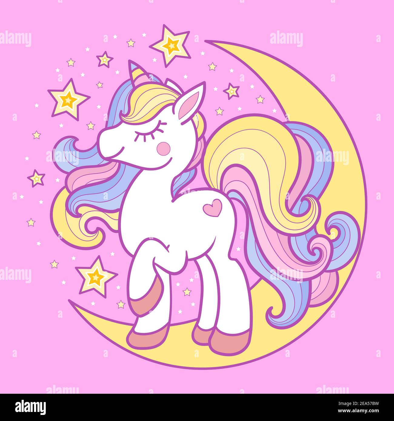 mignonne licorne sur le croissant. Image vectorielle des enfants. Illustration de Vecteur