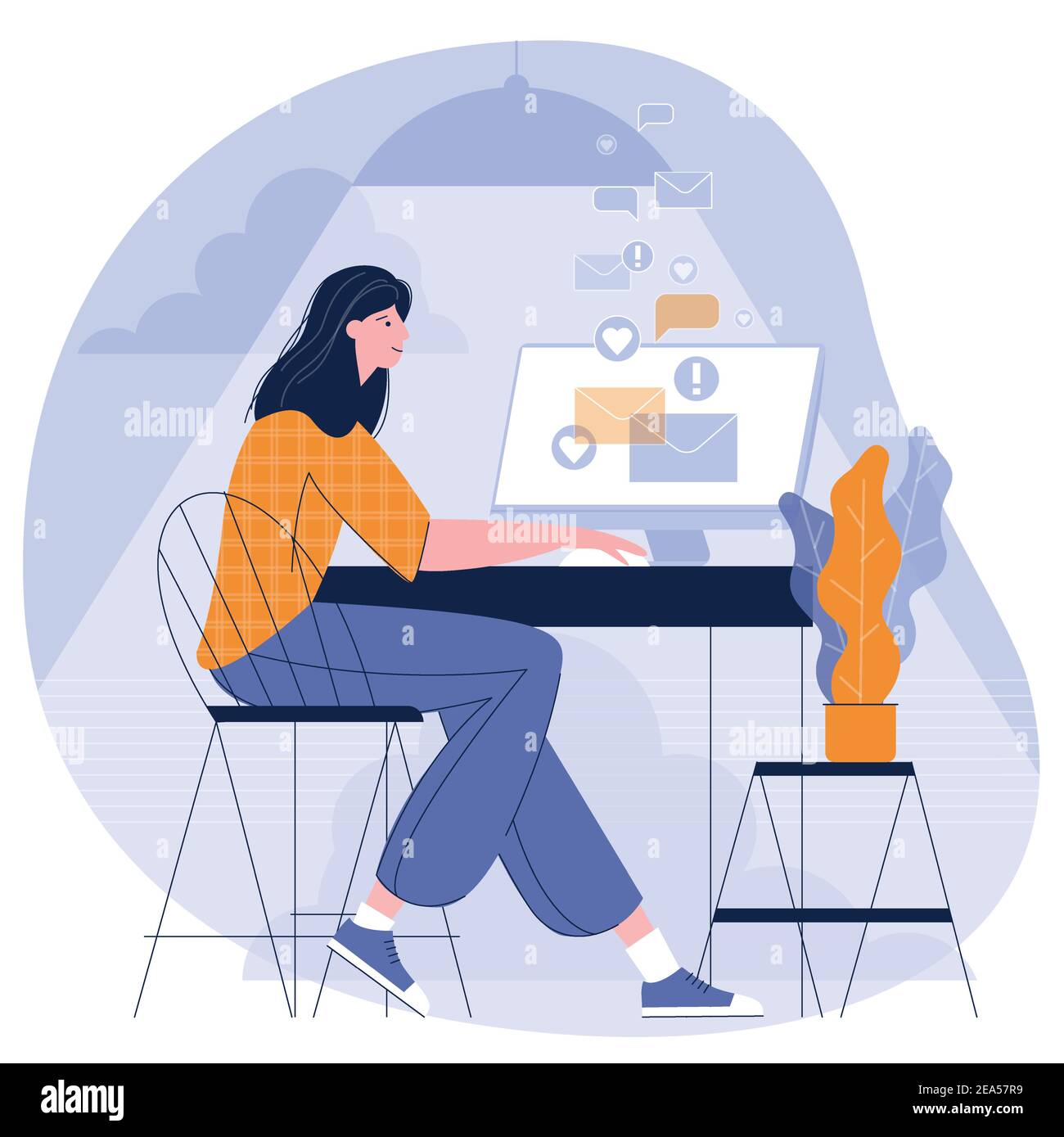 Jeune femme travaillant à distance Illustration de Vecteur