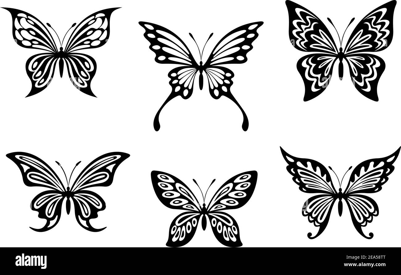 Tatouages et silhouettes de papillons noirs isolés sur fond blanc Illustration de Vecteur