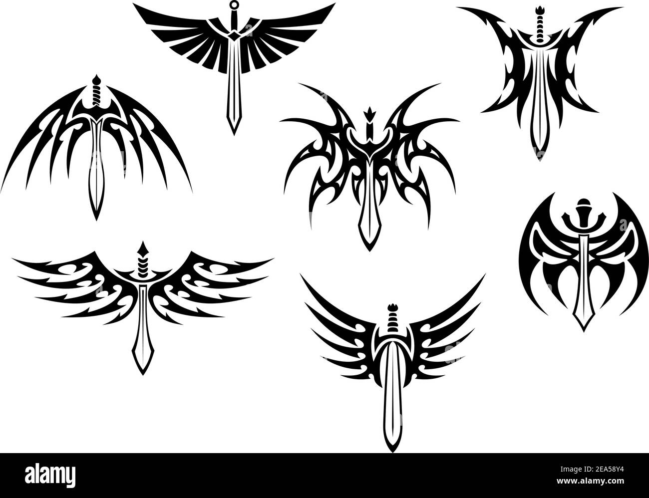 Les tatouages tribaux des épées et des poignards sont isolés sur fond blanc Illustration de Vecteur