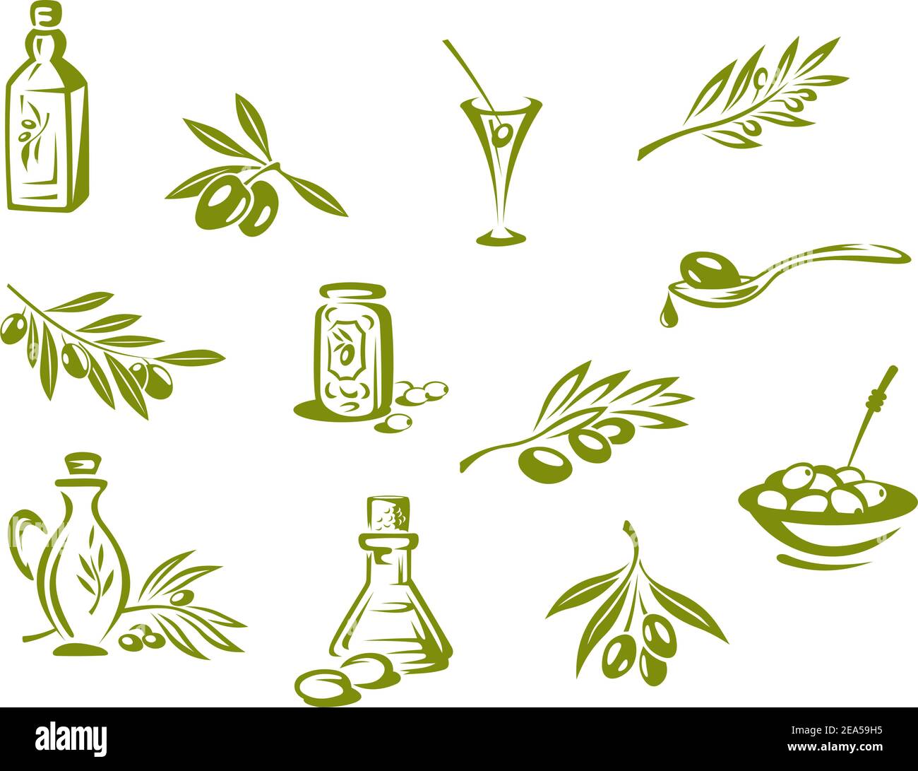 Symboles des olives vertes et de l'huile biologique isolés sur fond blanc Illustration de Vecteur