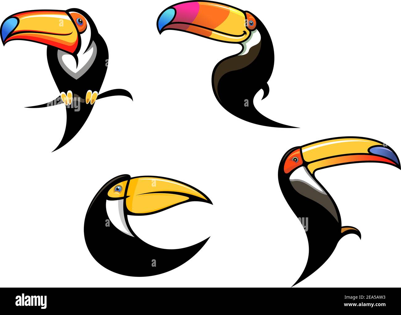 Mascottes et symboles d'oiseaux de toucan amusants isolés sur fond blanc Illustration de Vecteur