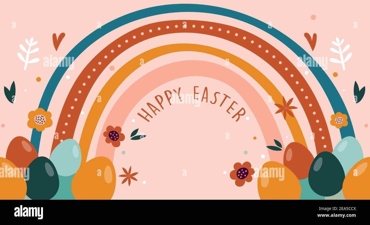 Motif de Pâques boho, lapins, œufs, fleurs et arcs-en-ciel dans des couleurs pastel et terre cuite, illustrations vectorielles plates Illustration de Vecteur
